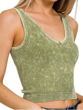 Zenana Olive Green Ribbed Padded Tank Brami Small Medium